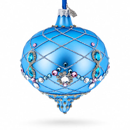 Blue Jeweled Lattice Diamond Onion-Shape Finial Glass Christmas Ornament