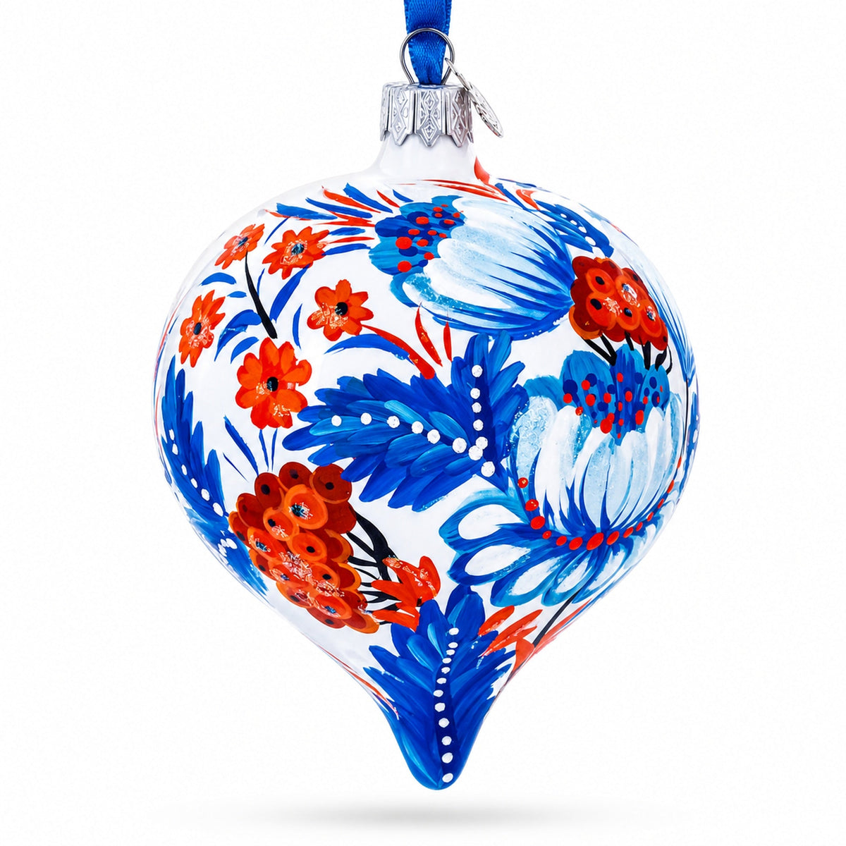 White and Blue Floral Blossom Onion-Shape Finial Glass Christmas Ornament