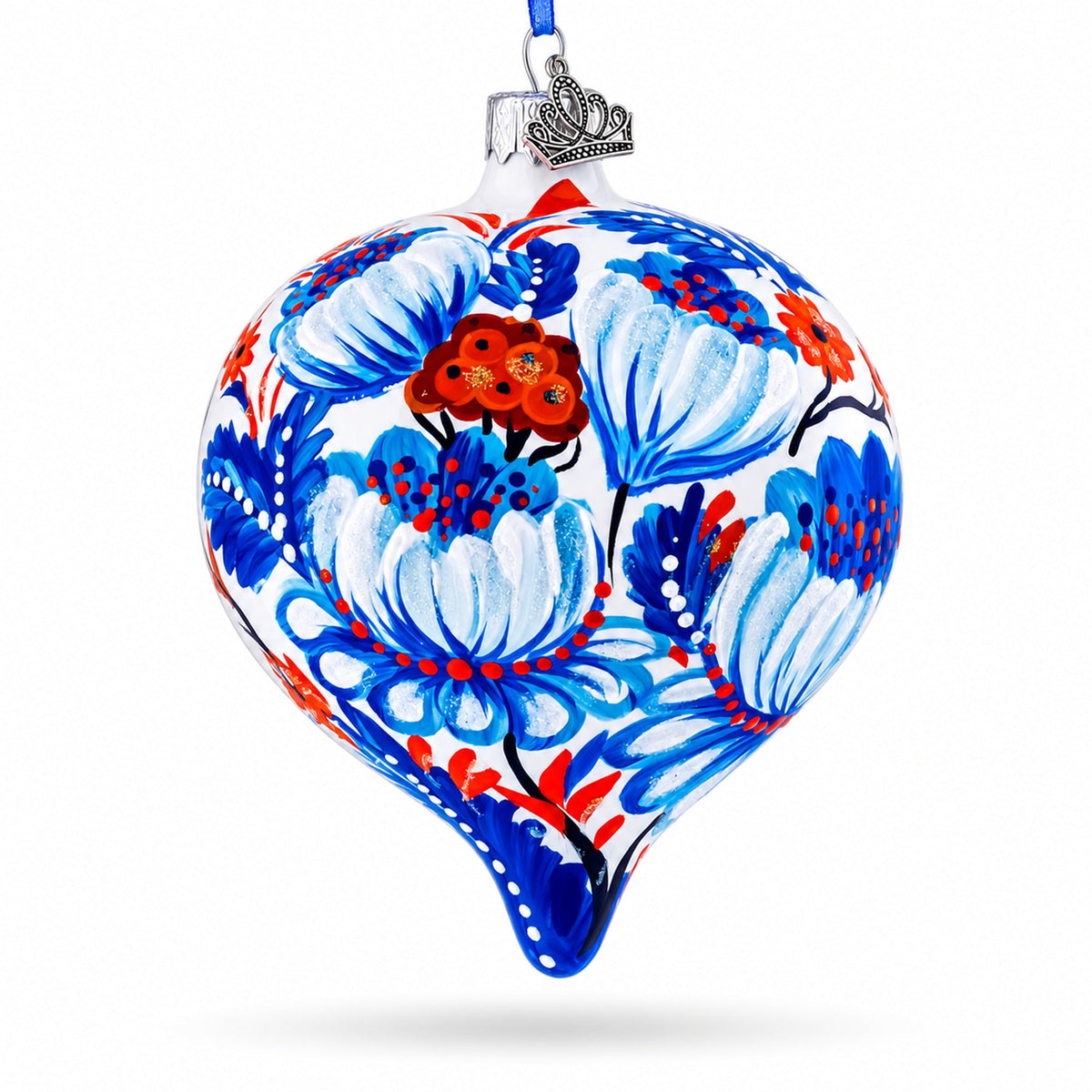 White and Blue Floral Blossom Onion-Shape Finial Glass Christmas Ornament