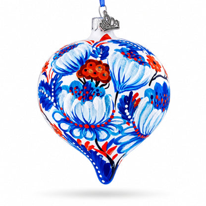 White and Blue Floral Blossom Onion-Shape Finial Glass Christmas Ornament