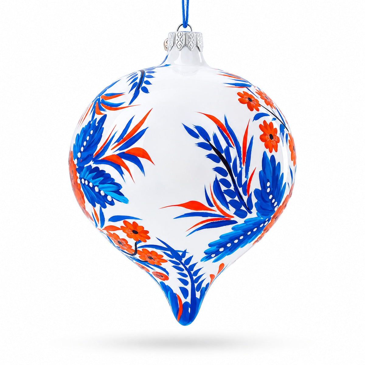 White and Blue Floral Blossom Onion-Shape Finial Glass Christmas Ornament