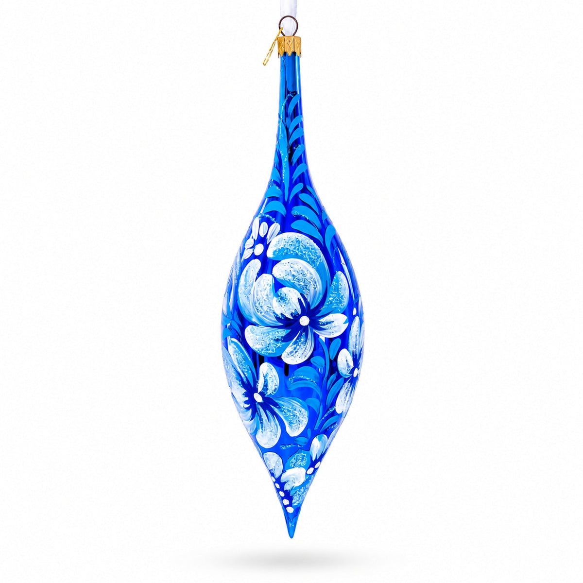 White Petal Blossoms Metallic Blue Elongated Pointed Teardrop Finial Glass Christmas Ornament