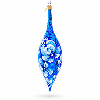 White Petal Blossoms Metallic Blue Elongated Pointed Teardrop Finial Glass Christmas Ornament