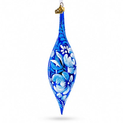 White Petal Blossoms Metallic Blue Elongated Pointed Teardrop Finial Glass Christmas Ornament