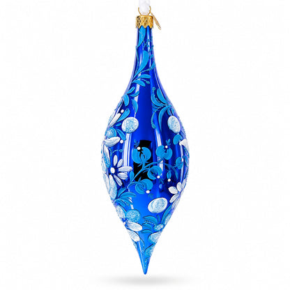 White Petal Blossoms Metallic Blue Elongated Pointed Teardrop Finial Glass Christmas Ornament