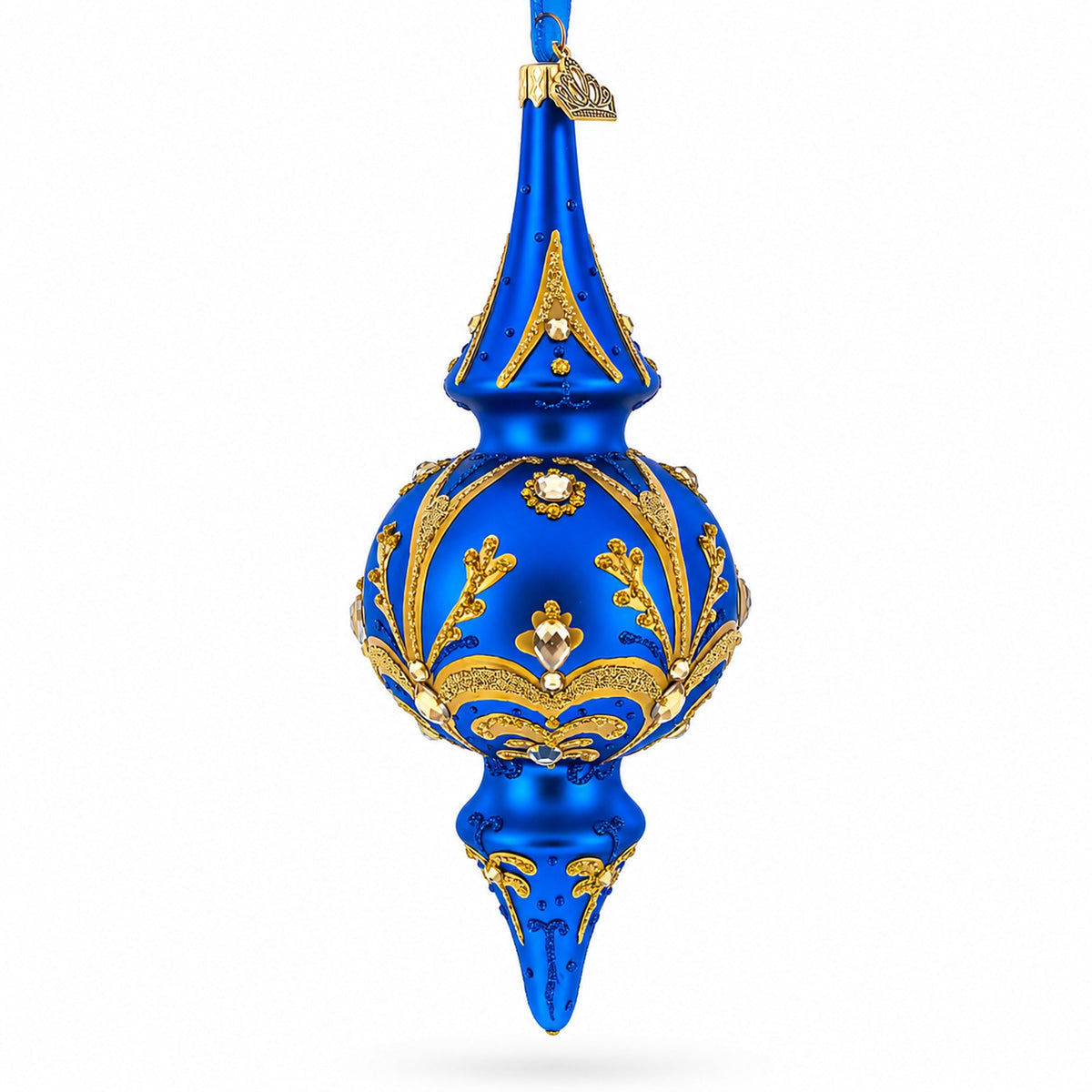Jeweled Gold Scrollwork's on Blue Double-Ended Finial Drop Glass Christmas Ornament