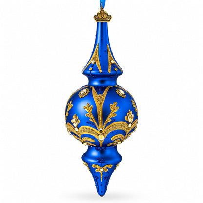 Jeweled Gold Scrollwork's on Blue Double-Ended Finial Drop Glass Christmas Ornament