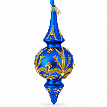 Jeweled Gold Scrollwork's on Blue Double-Ended Finial Drop Glass Christmas Ornament
