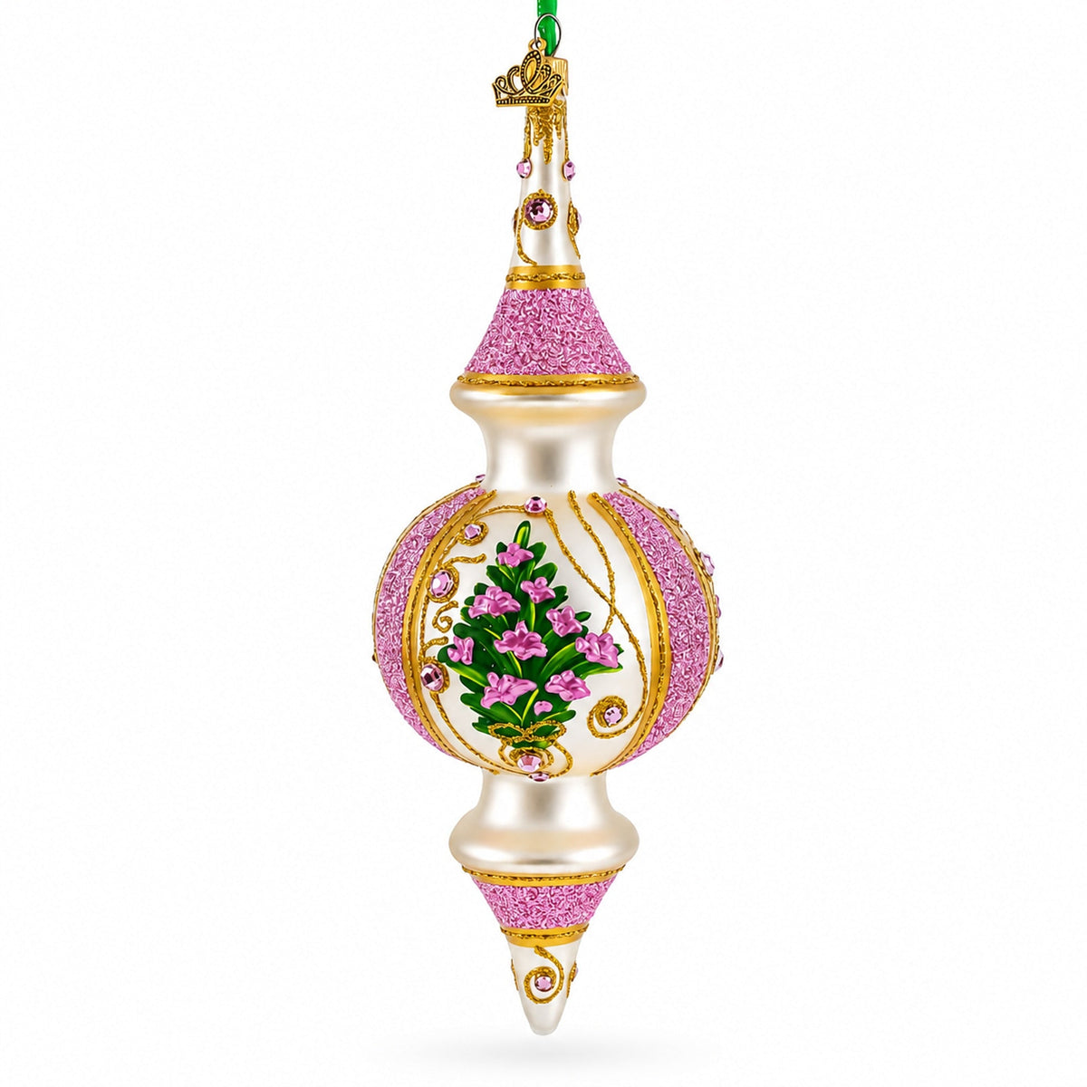 Pink Embossed  Blossom Double-Ended Finial Drop Glass Christmas Ornament