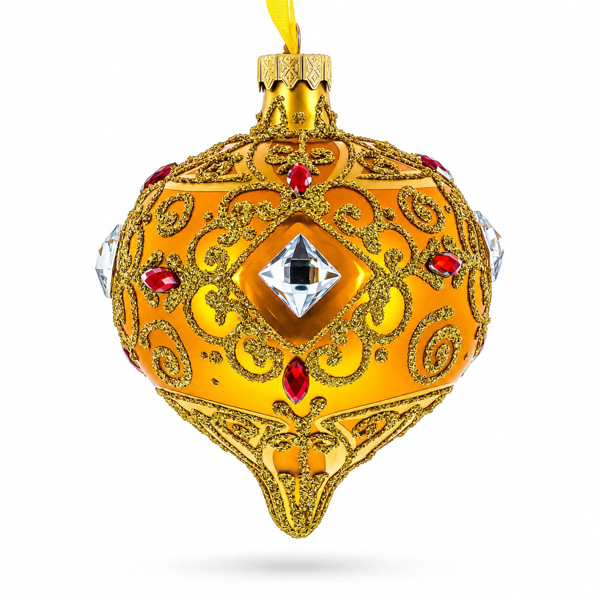 Amber Gold Jeweled Scroll Onion-Shape Finial Glass Christmas Ornament