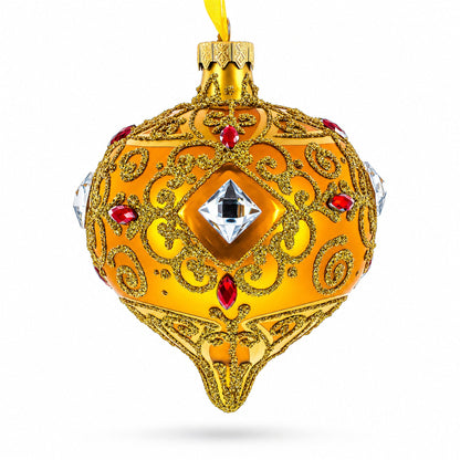 Amber Gold Jeweled Scroll Onion-Shape Finial Glass Christmas Ornament