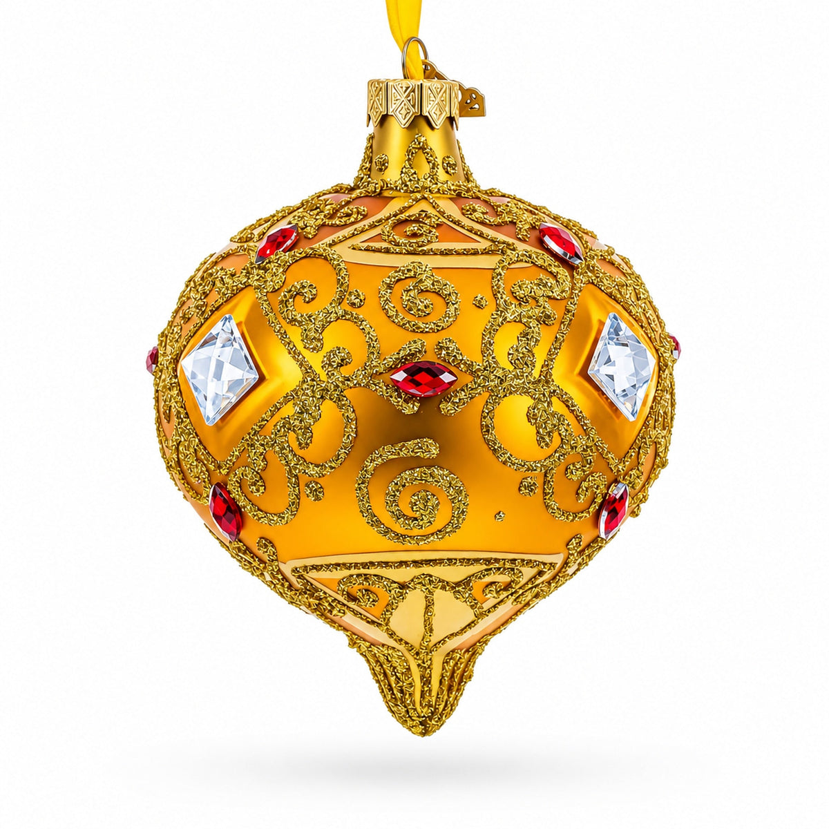 Amber Gold Jeweled Scroll Onion-Shape Finial Glass Christmas Ornament