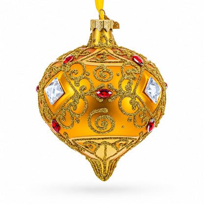 Amber Gold Jeweled Scroll Onion-Shape Finial Glass Christmas Ornament