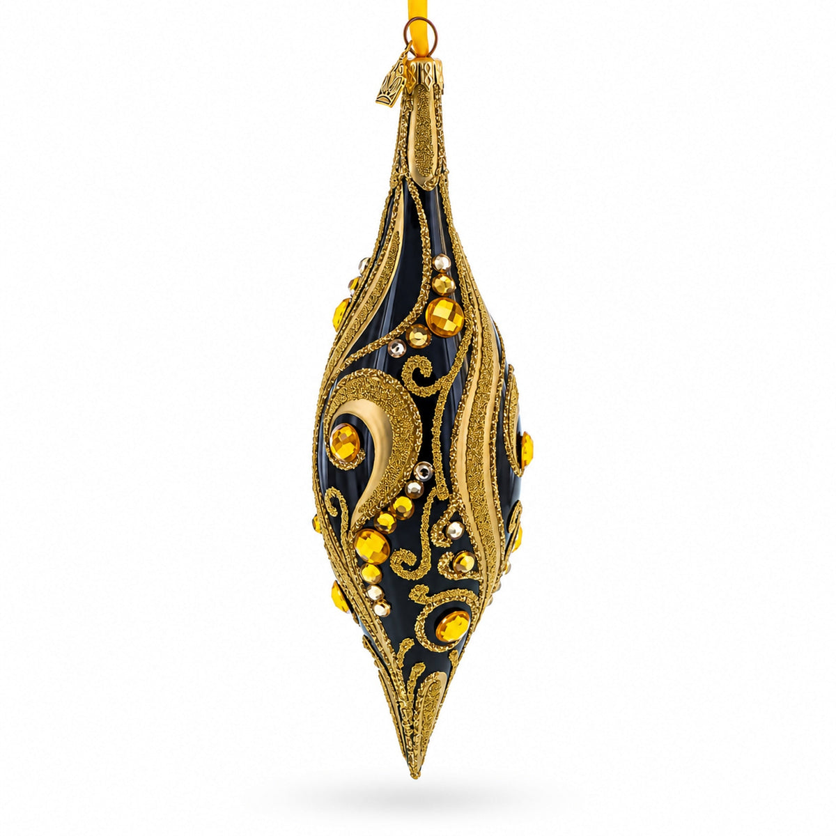 Black & Gold Jeweled Swirl Elongated Pointed Teardrop Finial Glass Christmas Ornament