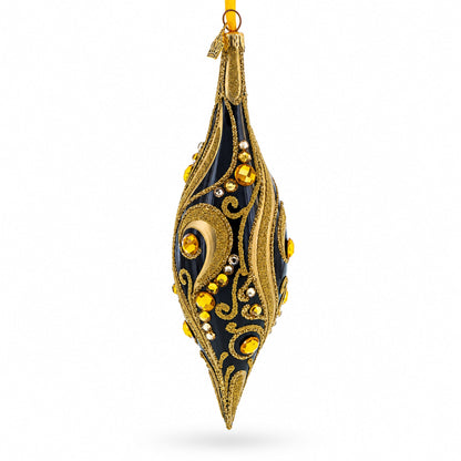 Black & Gold Jeweled Swirl Elongated Pointed Teardrop Finial Glass Christmas Ornament