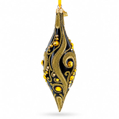 Black & Gold Jeweled Swirl Elongated Pointed Teardrop Finial Glass Christmas Ornament