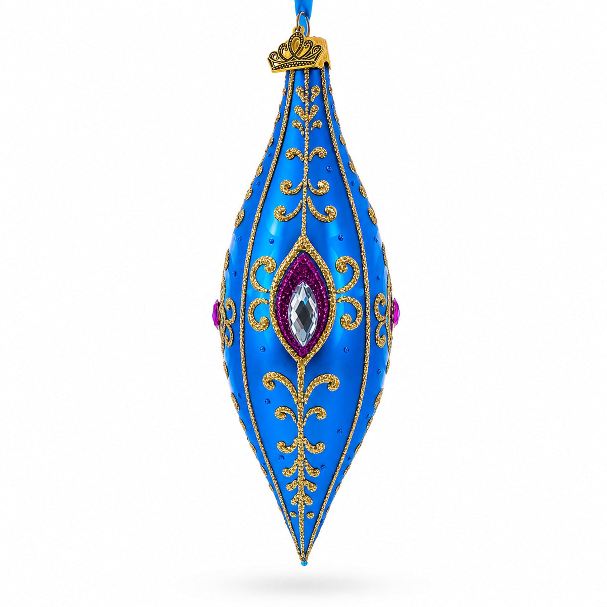 Royal Blue Jewel Scroll Elongated Pointed Teardrop Finial Glass Christmas Ornament