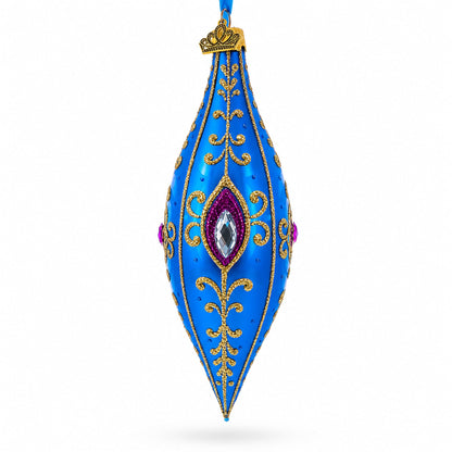 Royal Blue Jewel Scroll Elongated Pointed Teardrop Finial Glass Christmas Ornament