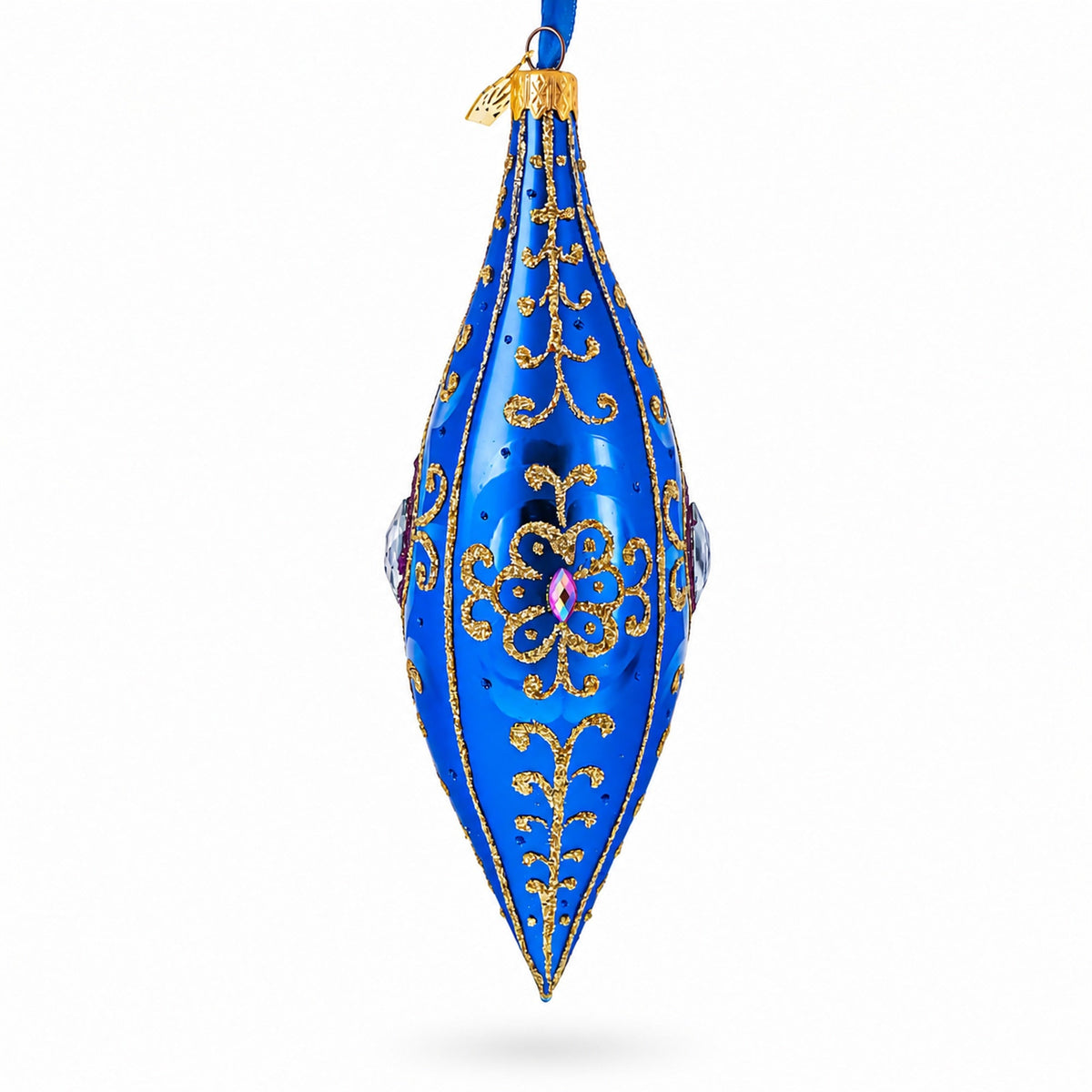 Royal Blue Jewel Scroll Elongated Pointed Teardrop Finial Glass Christmas Ornament