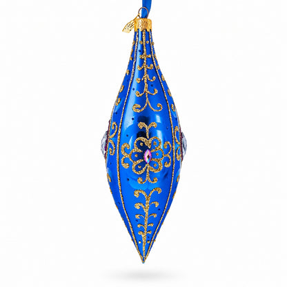 Royal Blue Jewel Scroll Elongated Pointed Teardrop Finial Glass Christmas Ornament