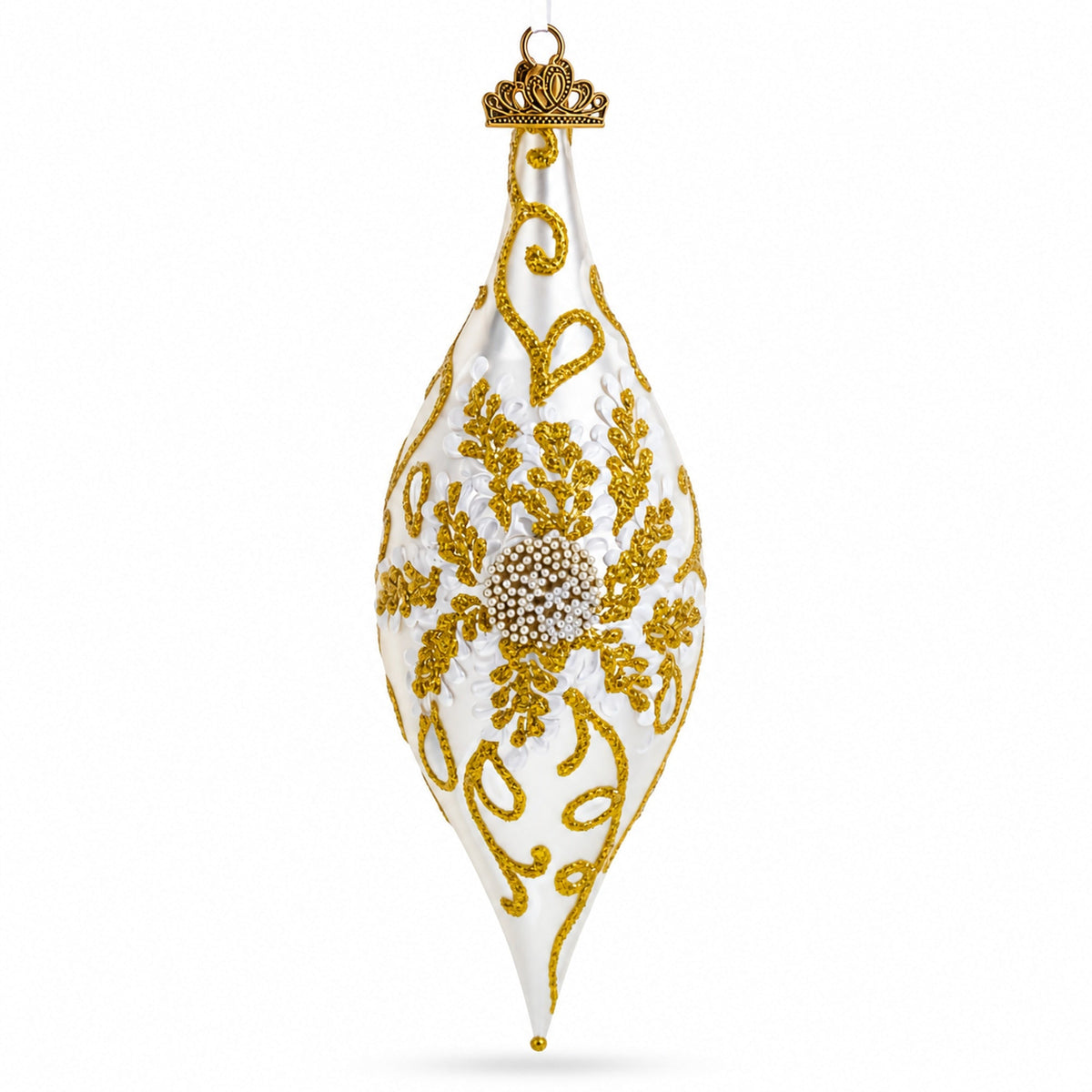 Ivory & Gold Pearl Embossed Elongated Pointed Teardrop Finial Glass Christmas Ornament