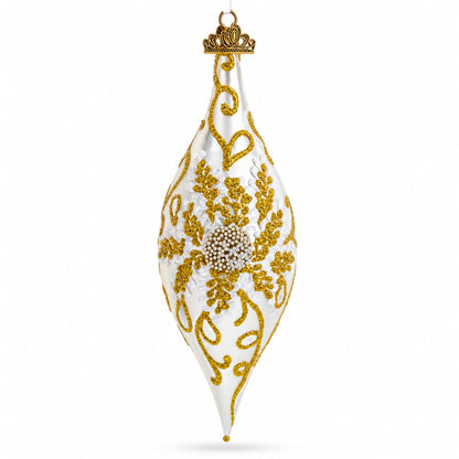 Ivory & Gold Pearl Embossed Elongated Pointed Teardrop Finial Glass Christmas Ornament