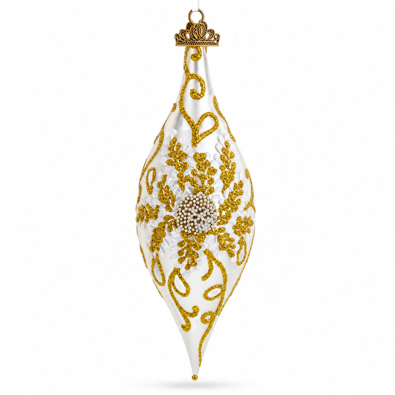 Ivory & Gold Pearl Embossed Elongated Pointed Teardrop Finial Glass Christmas Ornament