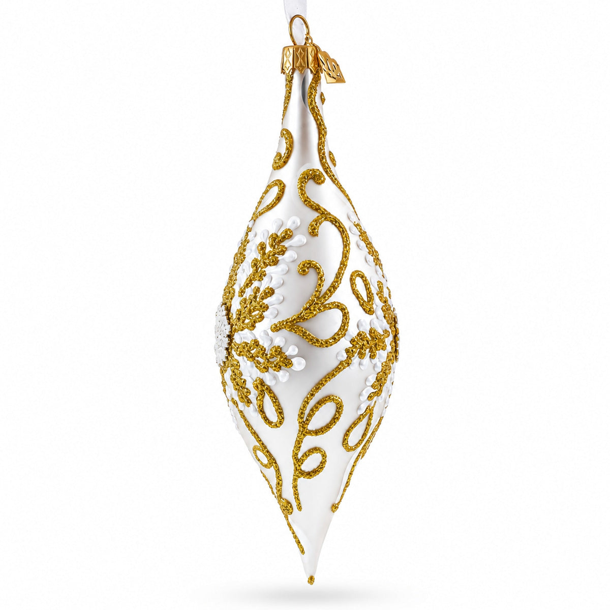 Ivory & Gold Pearl Embossed Elongated Pointed Teardrop Finial Glass Christmas Ornament