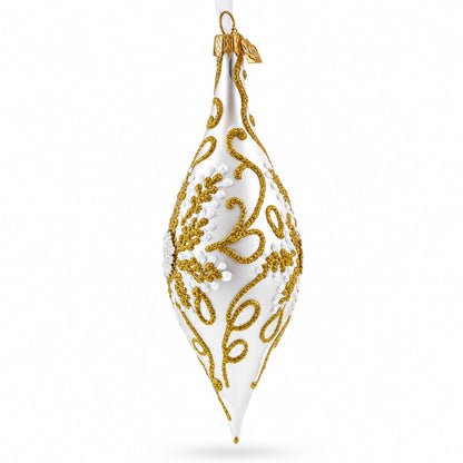 Ivory & Gold Pearl Embossed Elongated Pointed Teardrop Finial Glass Christmas Ornament