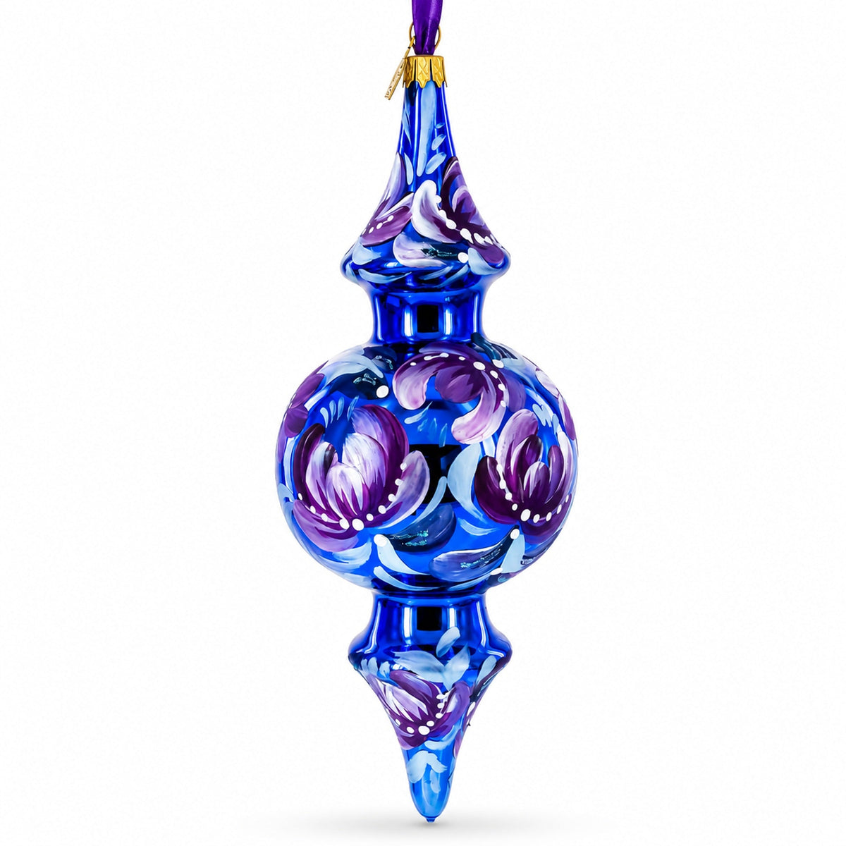 Cobalt Blue Floral Double-Ended Finial Drop Glass Christmas Ornament