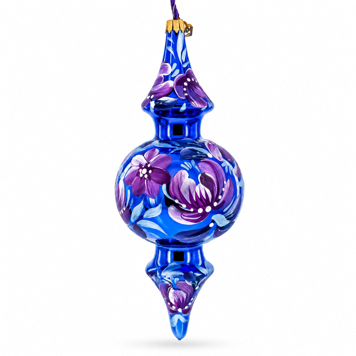 Cobalt Blue Floral Double-Ended Finial Drop Glass Christmas Ornament