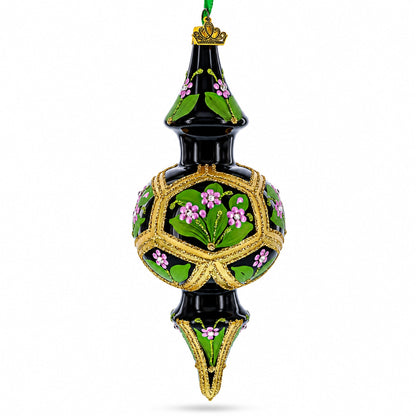 Black & Gold Floral Medallion Double-Ended Finial Drop Glass Christmas Ornament