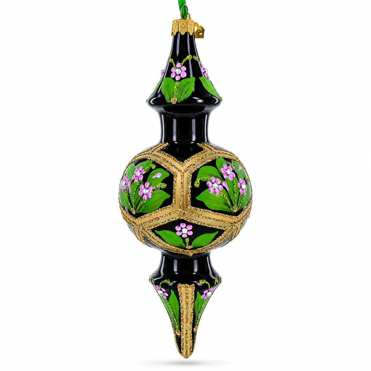 Black & Gold Floral Medallion Double-Ended Finial Drop Glass Christmas Ornament