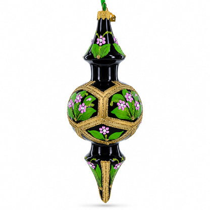 Black & Gold Floral Medallion Double-Ended Finial Drop Glass Christmas Ornament