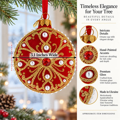 Boutique Scarlet Scrollwork Pearl Accent Glass Disc Christmas Ornament