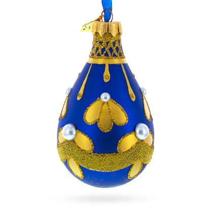 Gold Pattern on Blue Waterdrop Finial Glass Christmas Ornament
