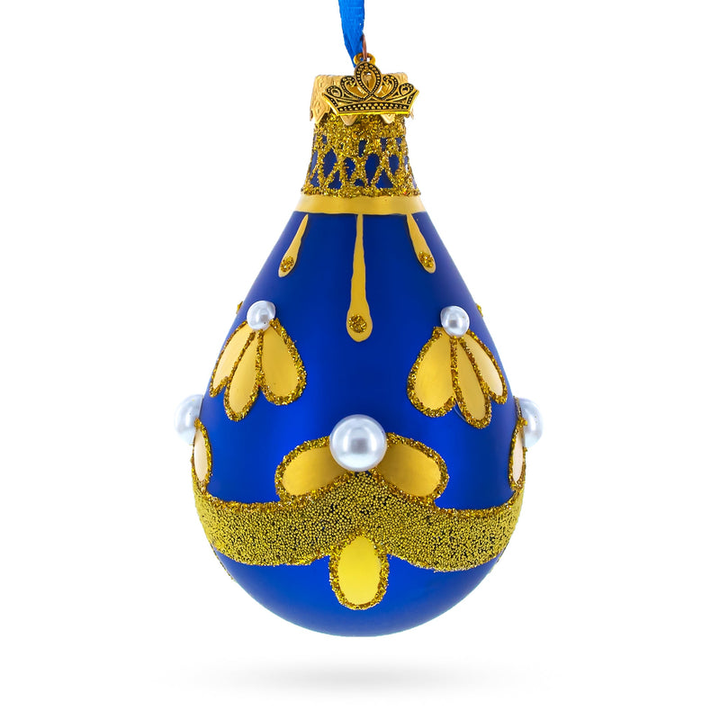 Gold Pattern on Blue Waterdrop Finial Glass Christmas Ornament