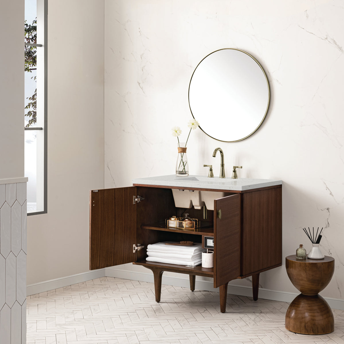 James Martin Amberly 36" Dual Mount Single Bathroom Vanity, Mid-Century Walnut
