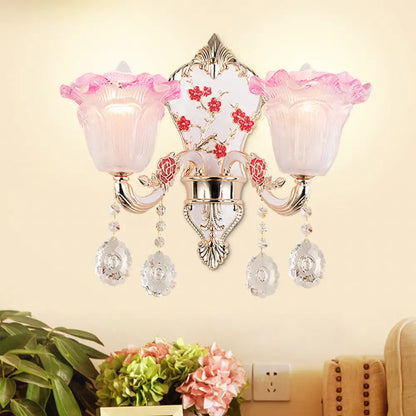 DecorBites™ Ruffle Glass Sconce Lamp with Crystal Accents - Modern Pink-White Wall Light Fixture (2 pack)