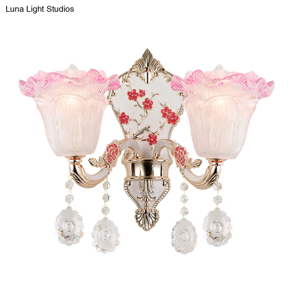 DecorBites™ Ruffle Glass Sconce Lamp with Crystal Accents - Modern Pink-White Wall Light Fixture (2 pack)