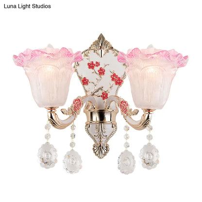 DecorBites™ Ruffle Glass Sconce Lamp with Crystal Accents - Modern Pink-White Wall Light Fixture (2 pack)