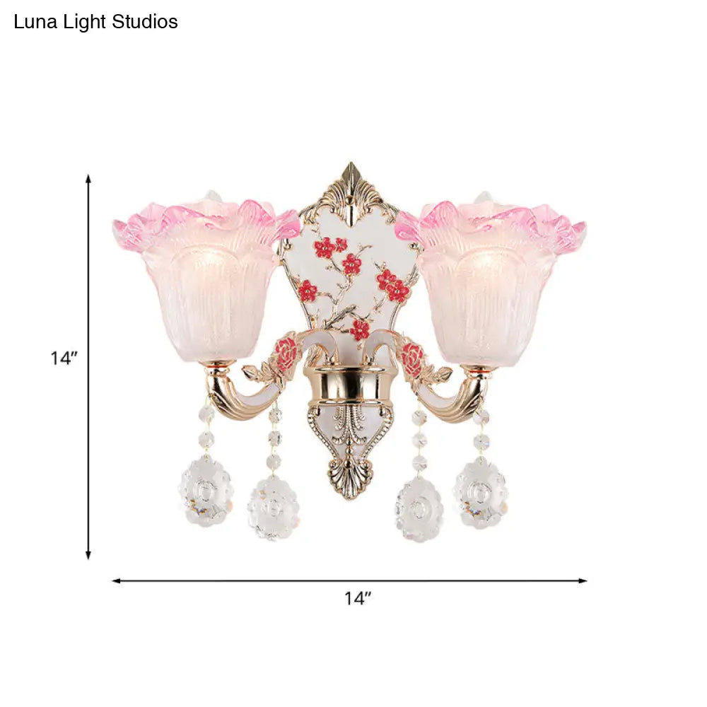 DecorBites™ Ruffle Glass Sconce Lamp with Crystal Accents - Modern Pink-White Wall Light Fixture (2 pack)