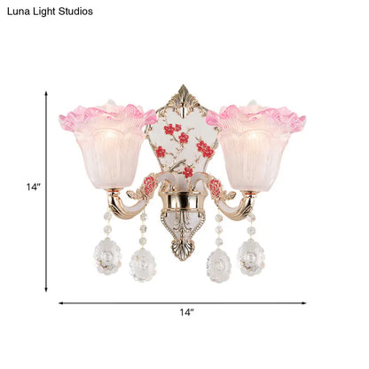 DecorBites™ Ruffle Glass Sconce Lamp with Crystal Accents - Modern Pink-White Wall Light Fixture (2 pack)