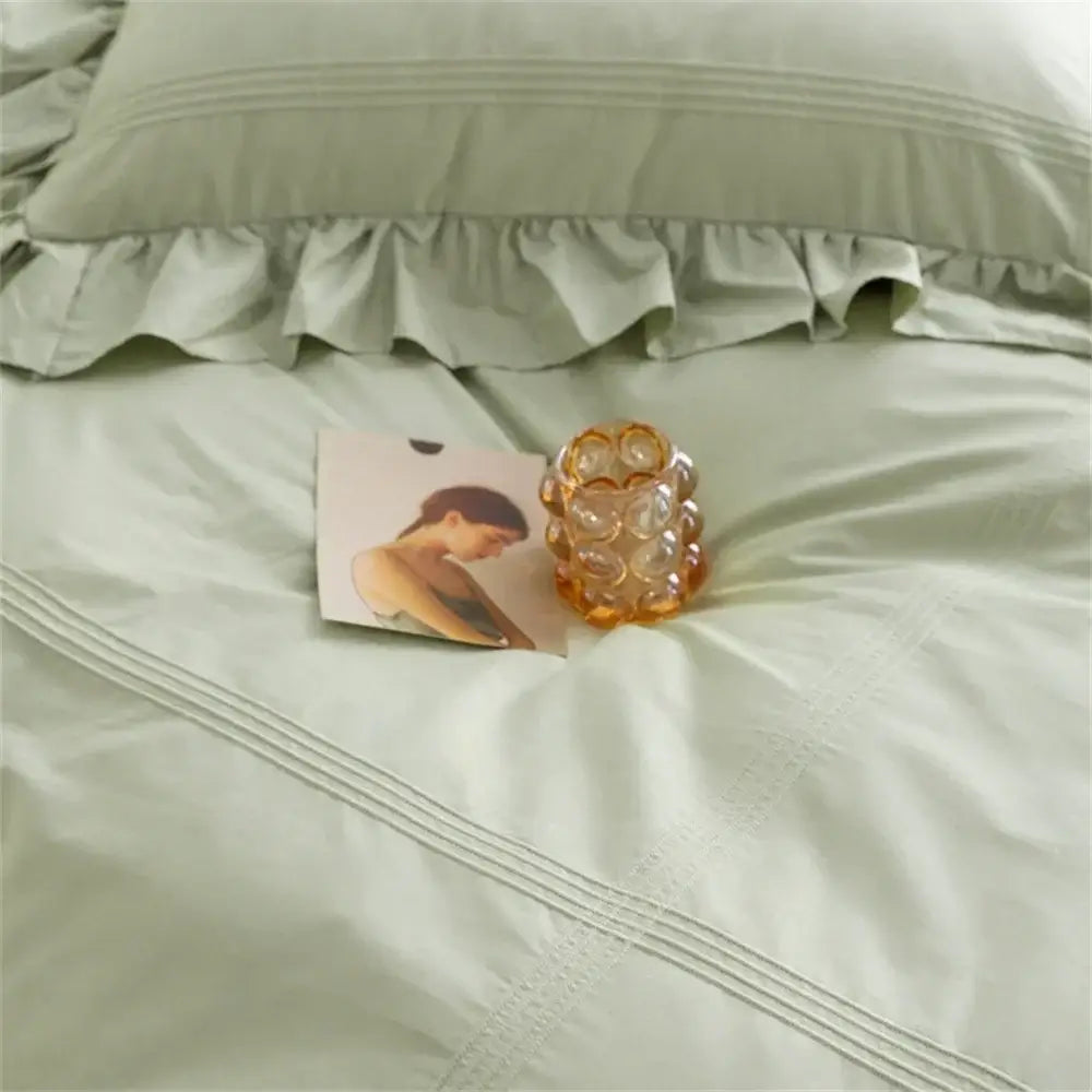 Ruffled light green egyptian cotton bedding set bedroom