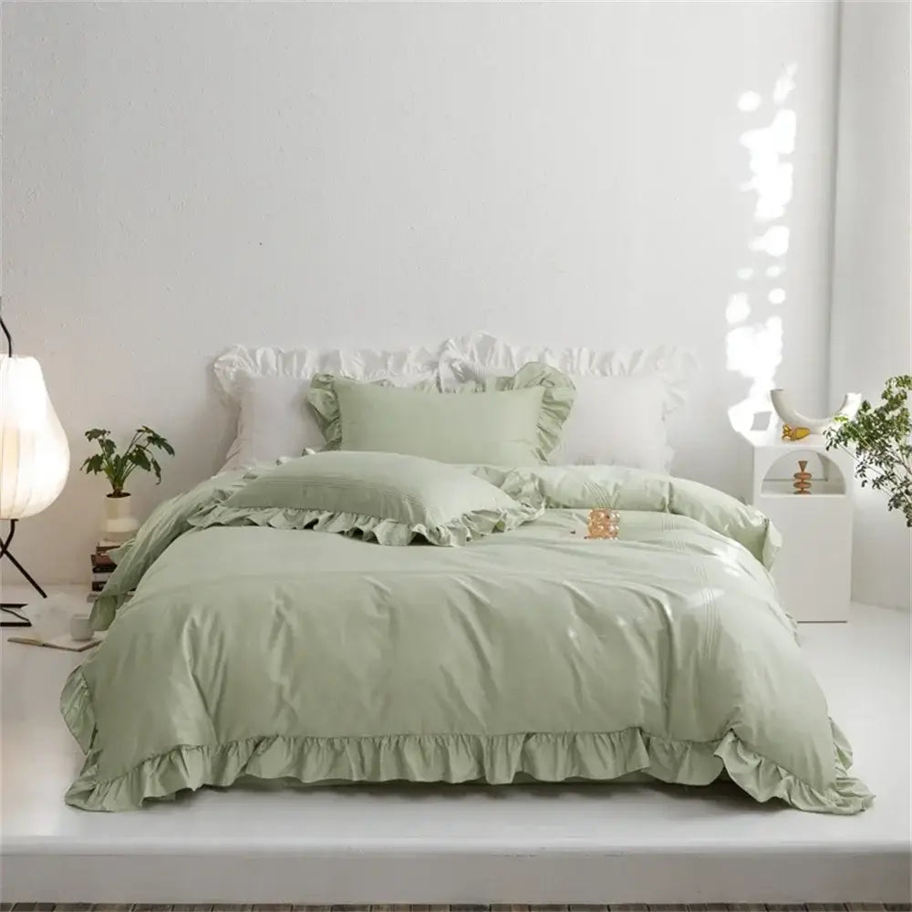 Ruffled light green egyptian cotton bedding set bedroom