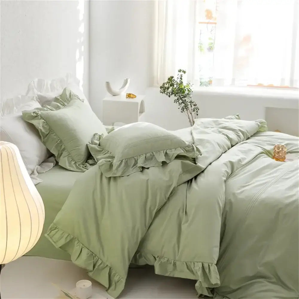 Ruffled light green egyptian cotton bedding set bedroom
