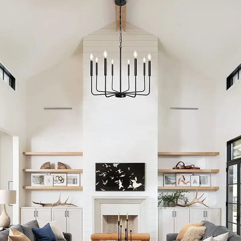 Rural black iron chandelier eight light dining room