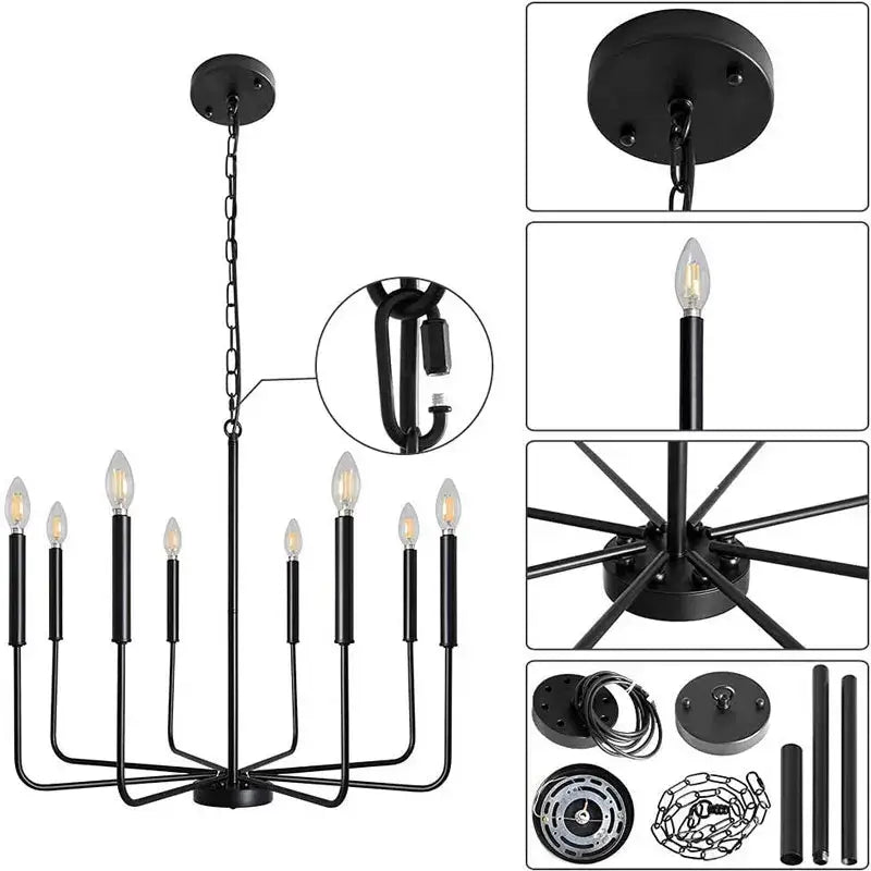 Rural black iron chandelier eight light dining room