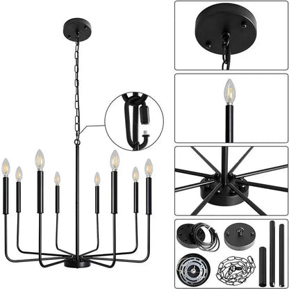 Rural black iron chandelier eight light dining room