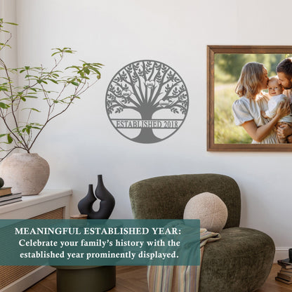 [COL] Tree of Life Personalized Family Tree Metal Sign with Hearts – Custom Name & Date – Large Laser Cut Steel Wall Art